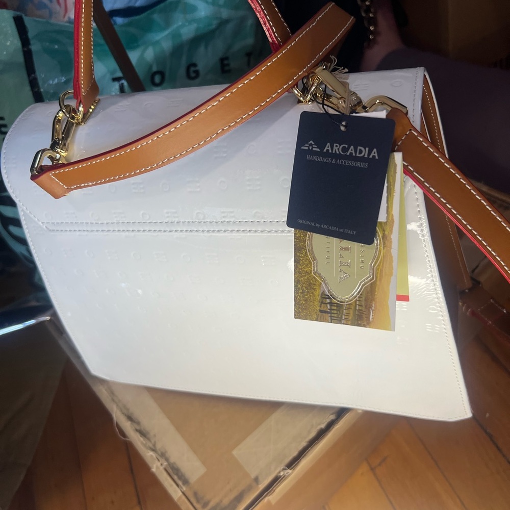 Arcadia Italian patent leather satchel bag white NWT retail $498 - Picture 9 of 16